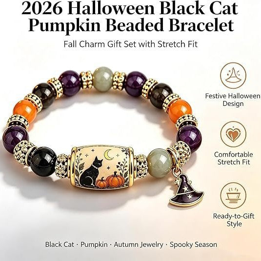 Halloween Black Cat & Pumpkin Crystal Beaded Bracelet