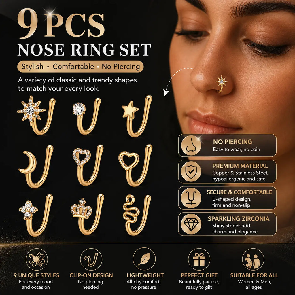 9pcs Copper Non Piercing Nose Ring Set