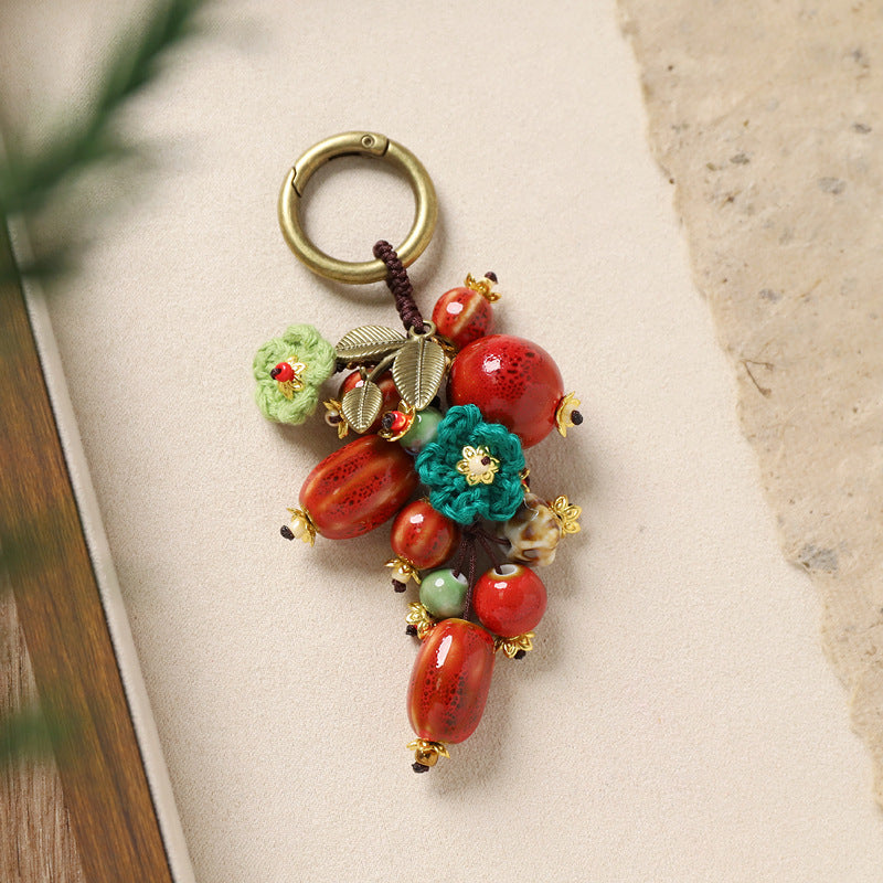 Pomegranate Ceramic Bag Charm – Handmade Woven Keychain