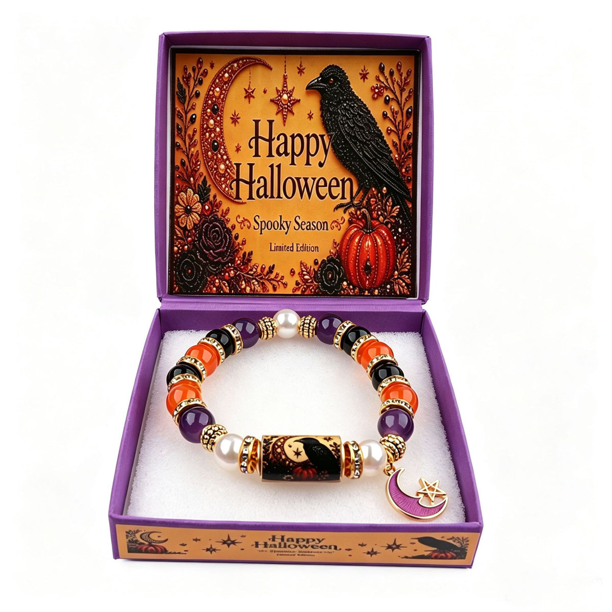 Halloween Black Cat & Pumpkin Crystal Beaded Bracelet