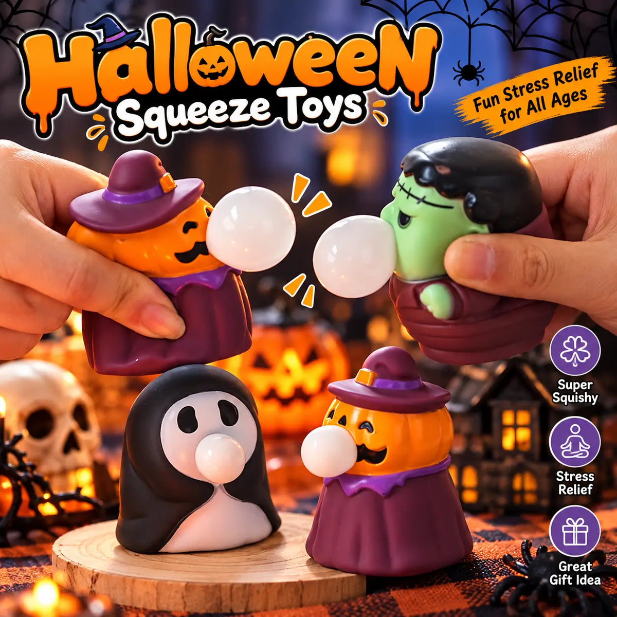 Halloween Squishy Toy，Halloween Stress Relief Toy， Squishy Stress Relief Toy， Squeeze Toy，Pumpkin Squishy， Halloween Pumpkin Toy，Pumpkin Stress Relief Toy， Ghost Squishy，Halloween Ghost Toy， Ghost Stress Relief Toy，Halloween Gift，Halloween Party Toys