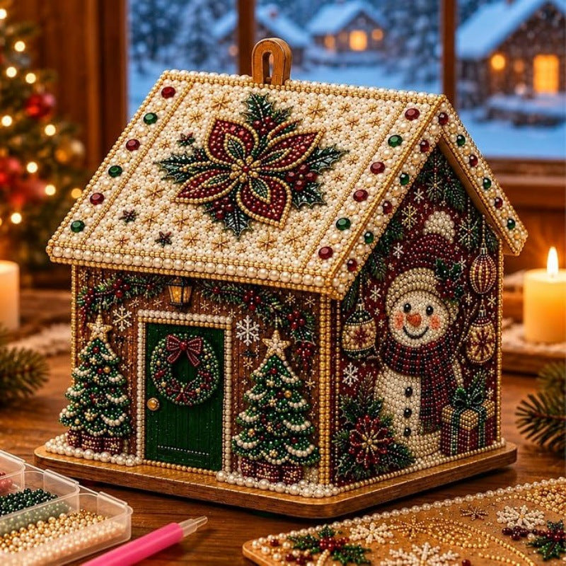 3D Christmas House Pearl & Diamond Painting Kit – DIY Wooden Holiday Craft