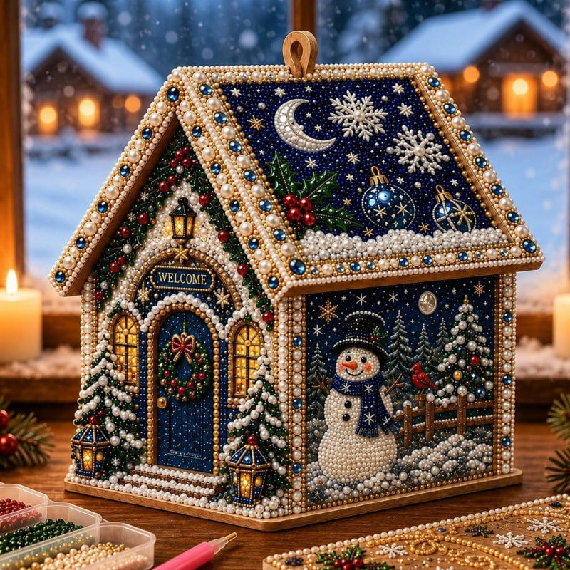 3D Christmas House Pearl & Diamond Painting Kit – DIY Wooden Holiday Craft