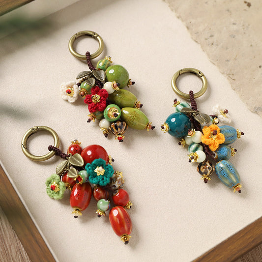 Pomegranate Ceramic Bag Charm – Handmade Woven Keychain