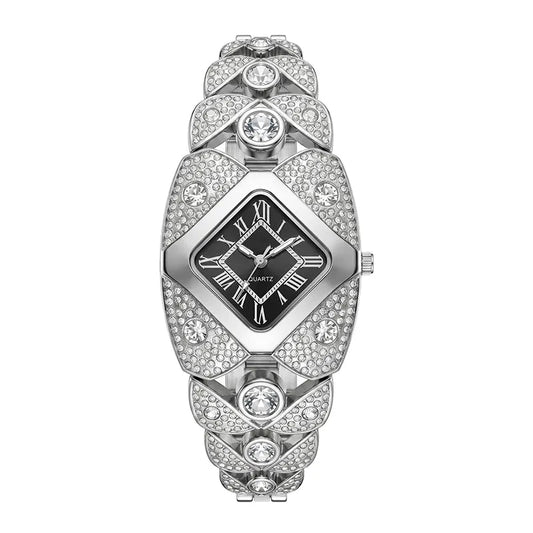 Armbanduhr mit Rauten-Kristallzifferblatt und Gliederarmband