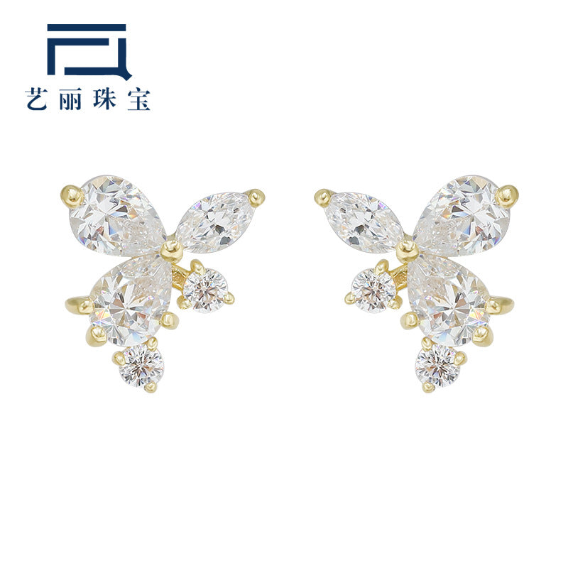 Yili Jewelry Jewelry Factory Wholesale Japanese Fresh College Style Flower Style 9k Gold White Zirconium Stud Earrings
