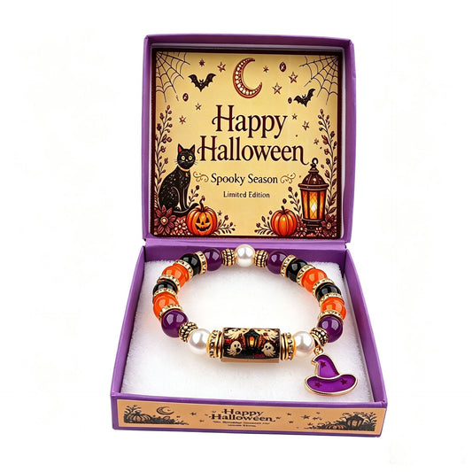 Halloween Black Cat & Pumpkin Crystal Beaded Bracelet