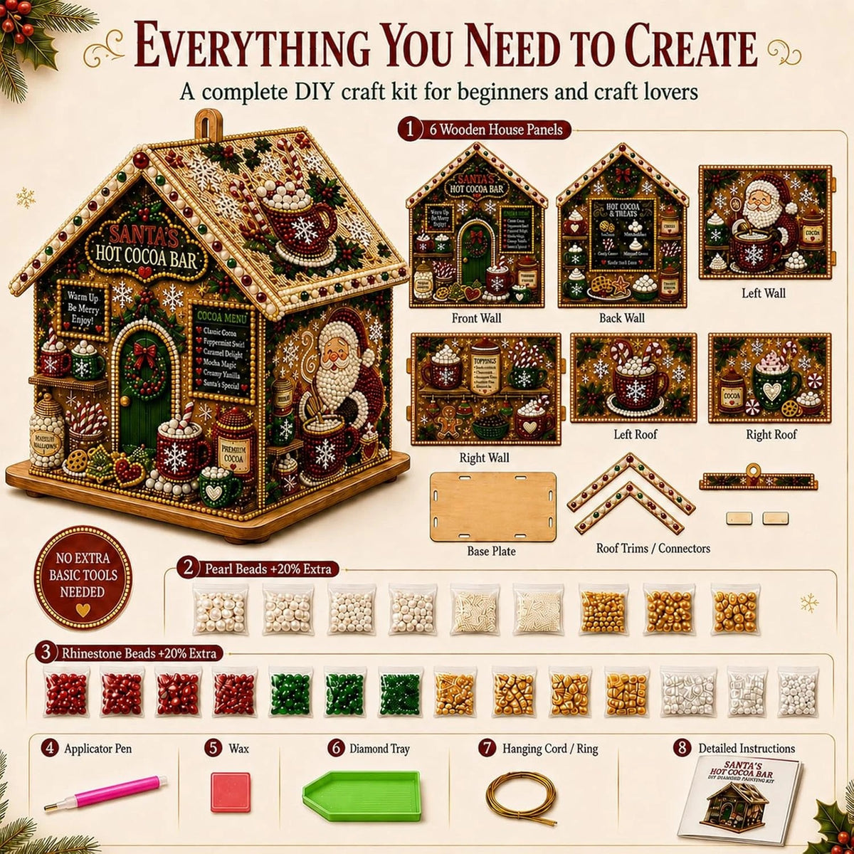 3D Christmas House Pearl & Diamond Painting Kit – DIY Wooden Holiday Craft