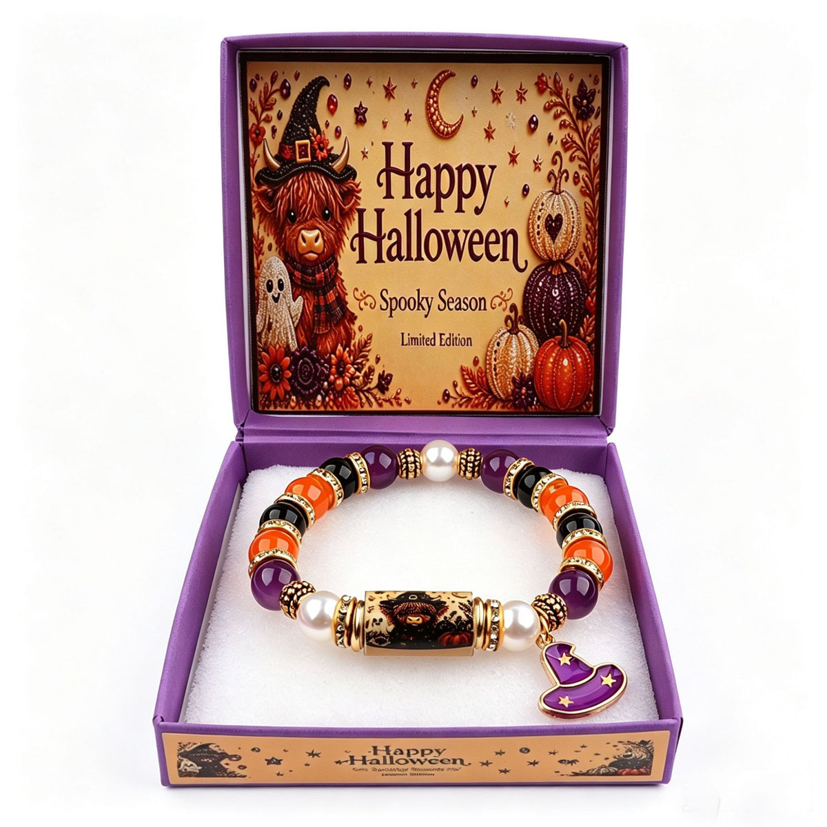 Halloween Black Cat & Pumpkin Crystal Beaded Bracelet
