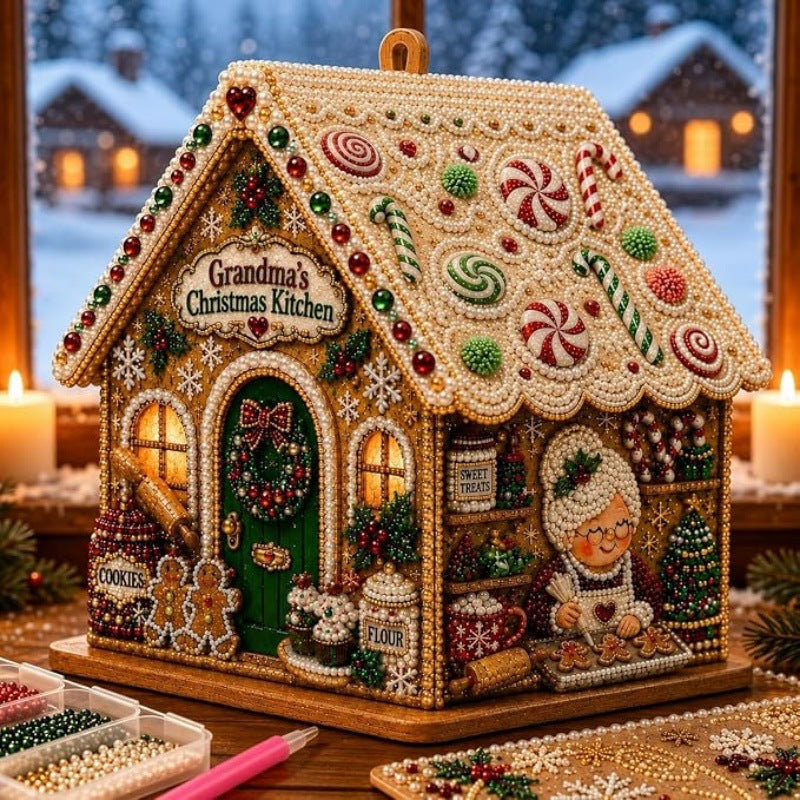 3D Christmas House Pearl & Diamond Painting Kit – DIY Wooden Holiday Craft