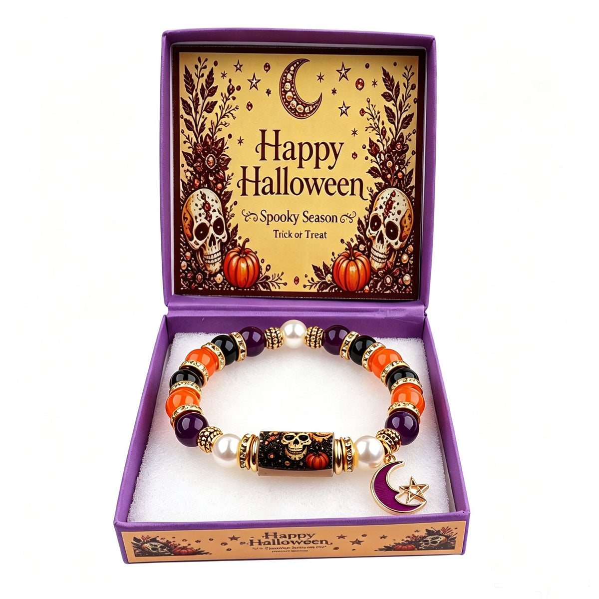 Halloween Black Cat & Pumpkin Crystal Beaded Bracelet