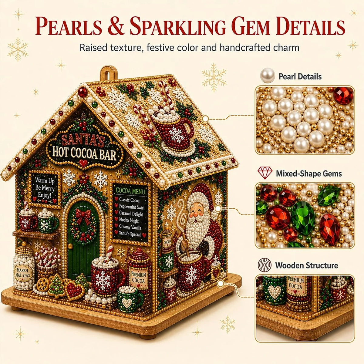 3D Christmas House Pearl & Diamond Painting Kit – DIY Wooden Holiday Craft