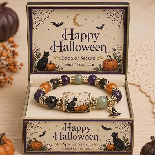Halloween Black Cat & Pumpkin Crystal Beaded Bracelet